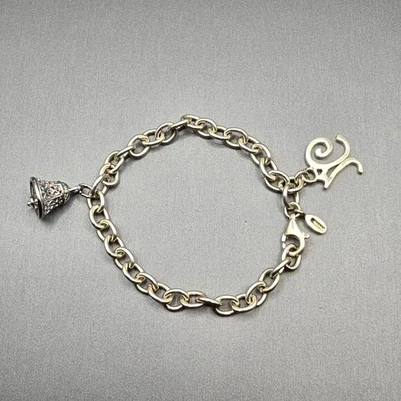 Barse Sterling Silver Cable Link Charm Bracelet 7" Letter N & Bell 18.46g - Picture 2 of 8
